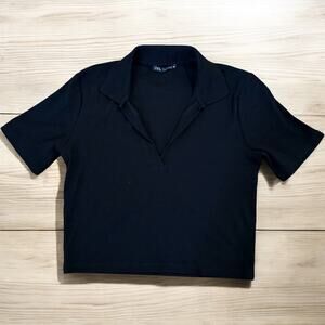 Zara Women’s Black Short Sleeves V-Neck Ribbed Crop Top Size L